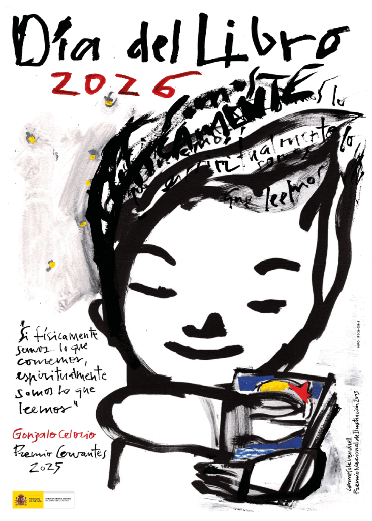 Image of a poster of Books day. Shows a draw of a child in black and white with books in colours